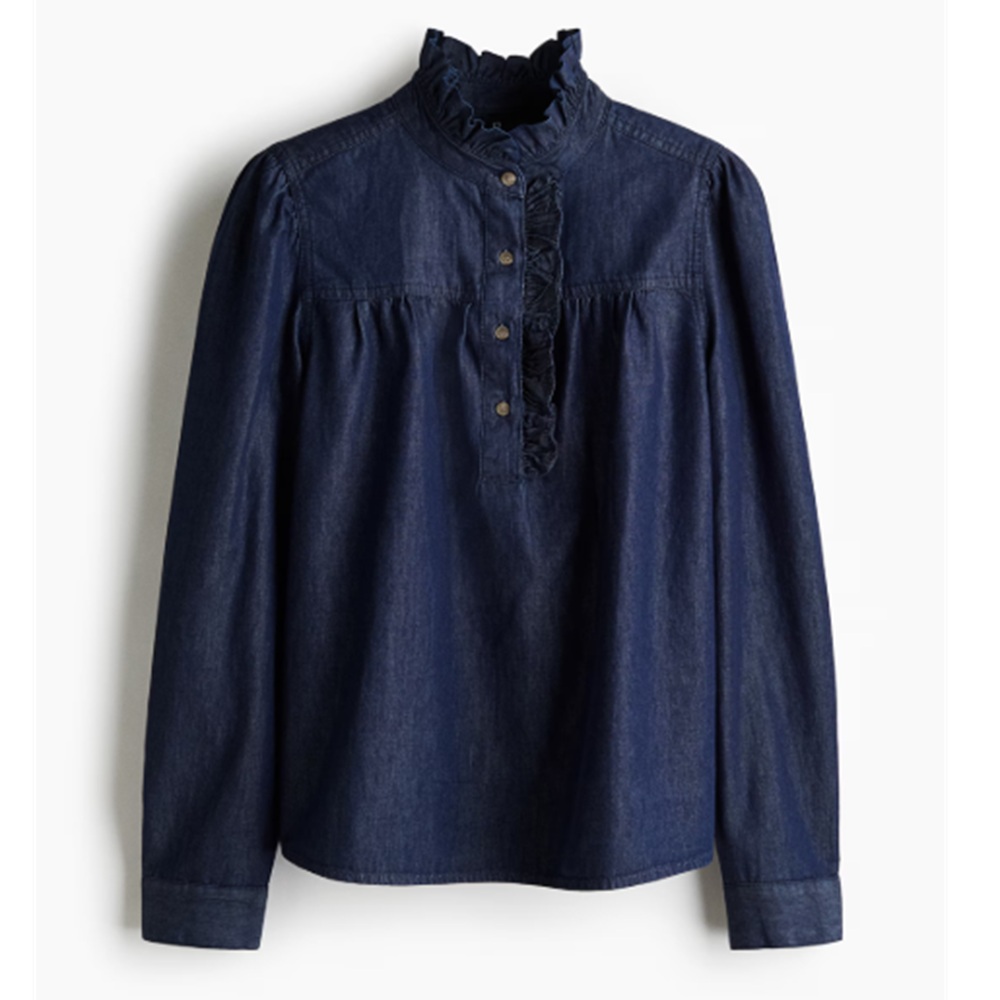 骨格ナチュラル,ブラウス,H&M,デニムフリルカラーブラウス