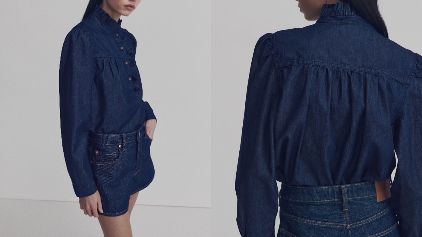 骨格ナチュラル,ブラウス,H&M,デニムフリルカラーブラウス