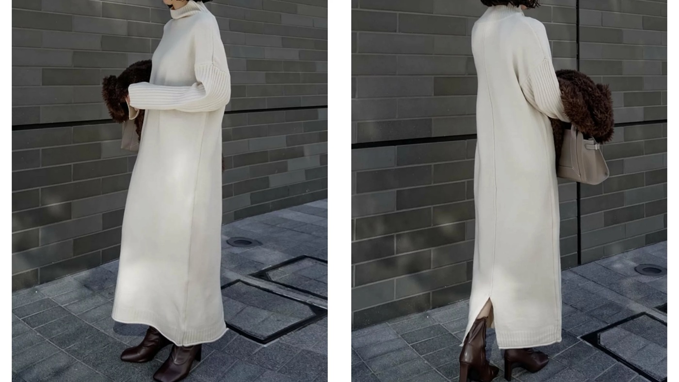 骨格ナチュラル,コート,Re:EDIT,前後2WAYハイネック指穴マキシニットワンピース