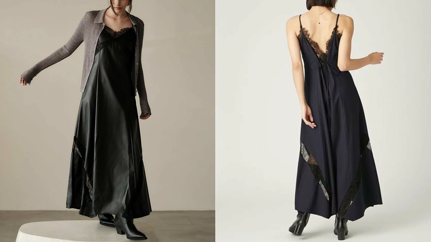 骨格ウェーブ,ワンピース,FRAY I.D, レーストリムスリップワンピース