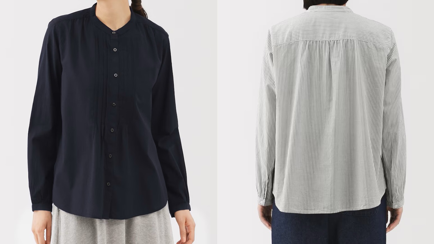 骨格ストレート,シャツ,無印良品、綿ボイル長袖ブラウス