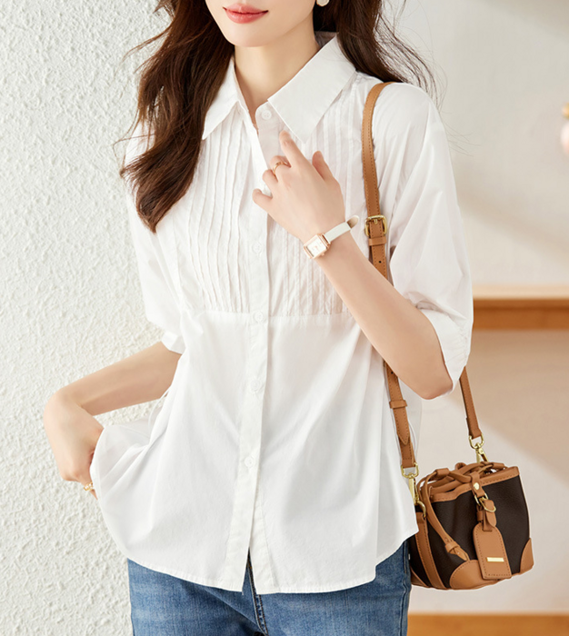 骨格ウェーブ,ピンタックドロストハーフスリーブシャツ