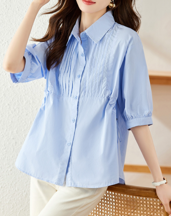 骨格ウェーブ,ピンタックドロストハーフスリーブシャツ