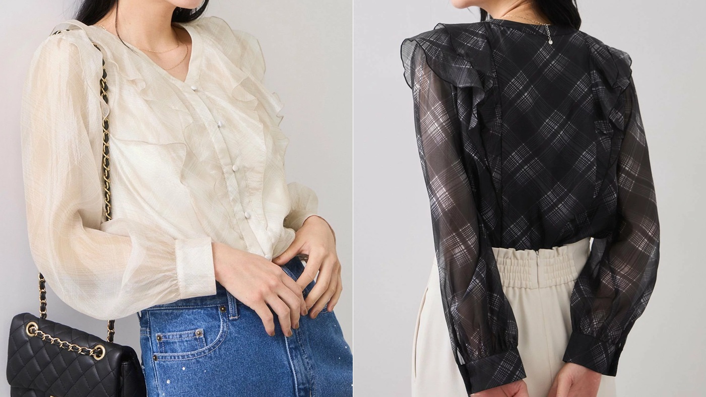 骨格ウェーブ,トップス,VIS,フロントフリルシアーチェックブラウス