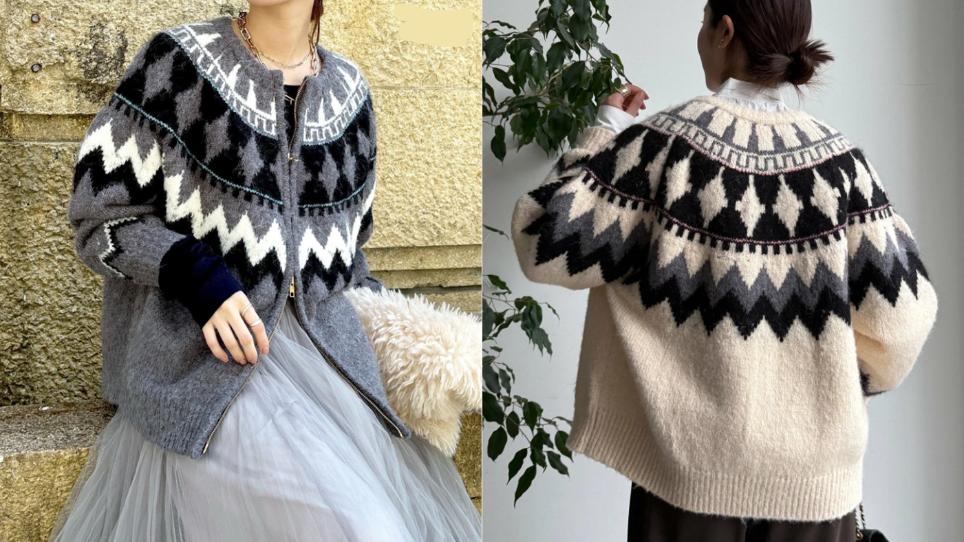 骨格ナチュラル,ニット,セーター,DouDou,ノルディック柄ジップニット