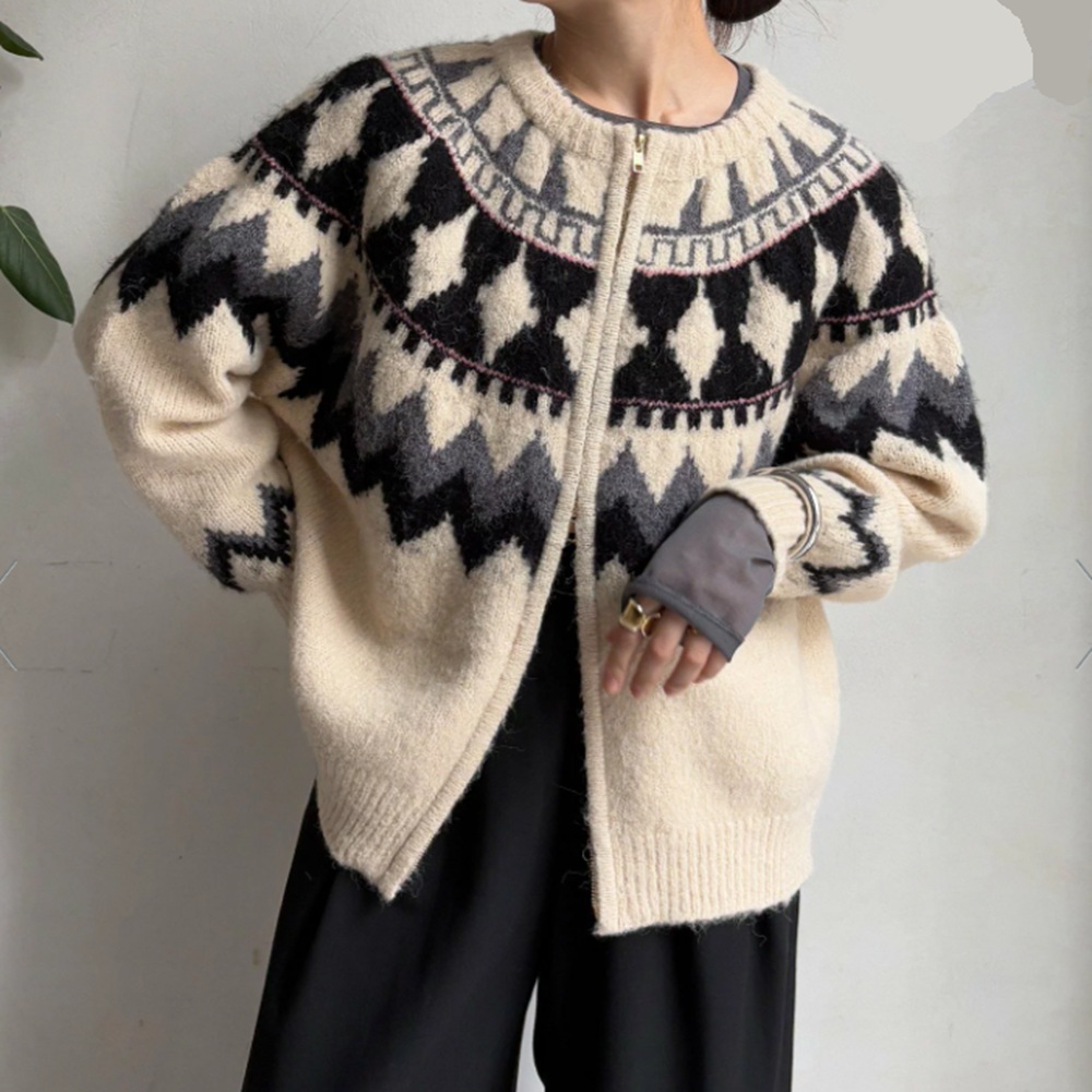 骨格ナチュラル,ニット,セーター,DouDou,ノルディック柄ジップニット